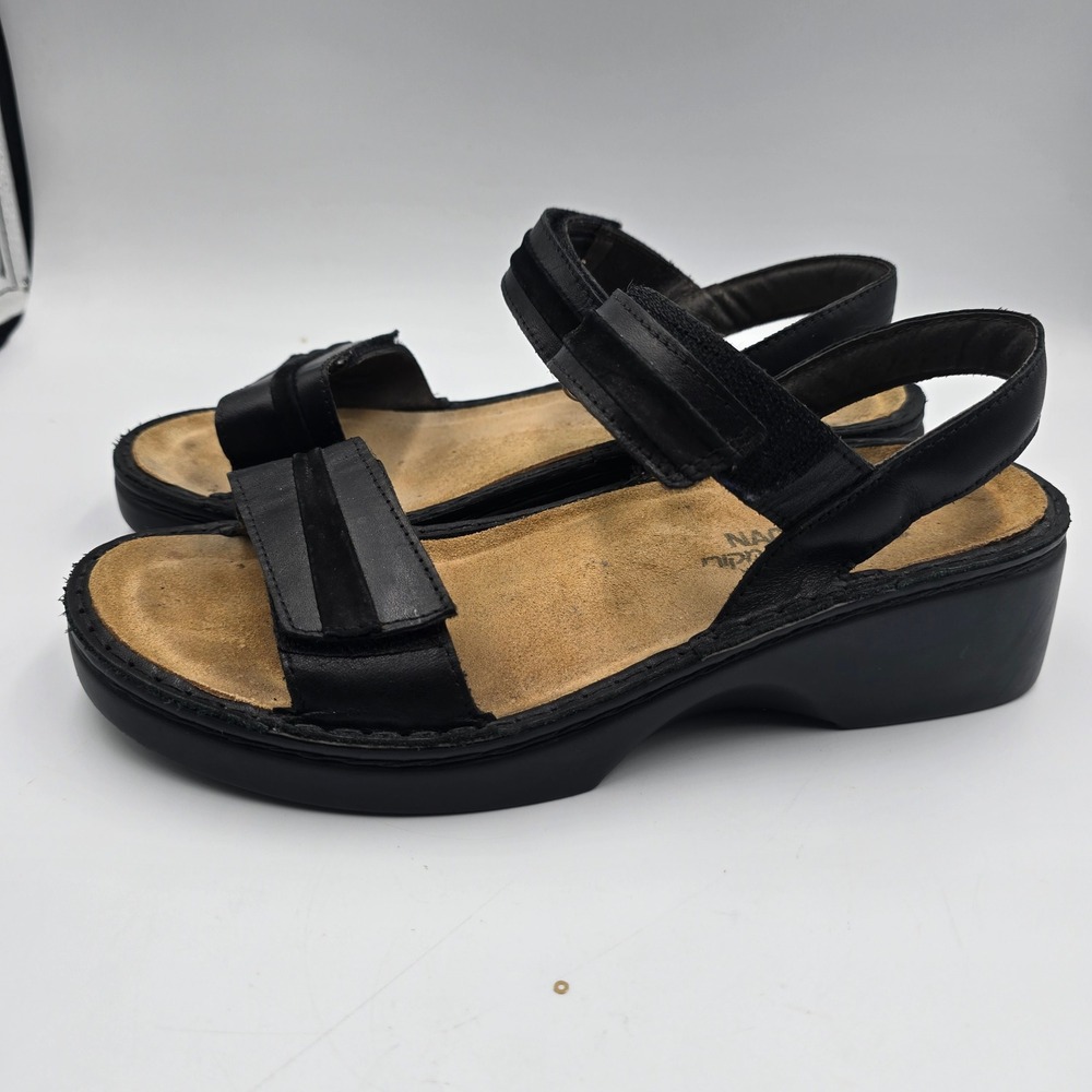 Naot Black Leather Wedge Sandals Womens 40 Adjustable Straps Comfort Made Israel